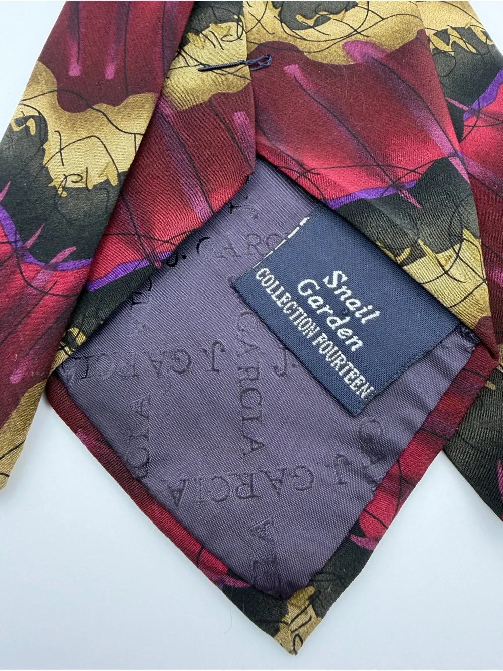 J Garcia Snail Garden Collection 14 Silk Tie Burgundy Gold Abstract Vintage 90s